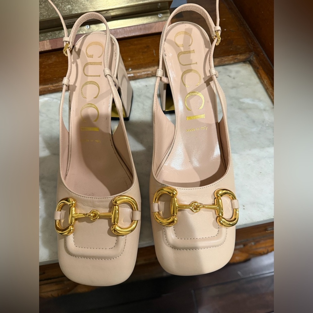 Gucci Women's Nude Slingback Heels with Gold Accents